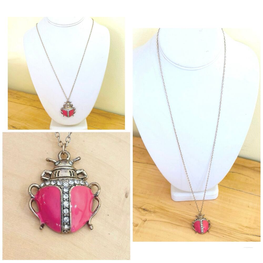 Scarab Beetle Pink Enamel Rhinestones Necklace Pendant Long Chain Charm